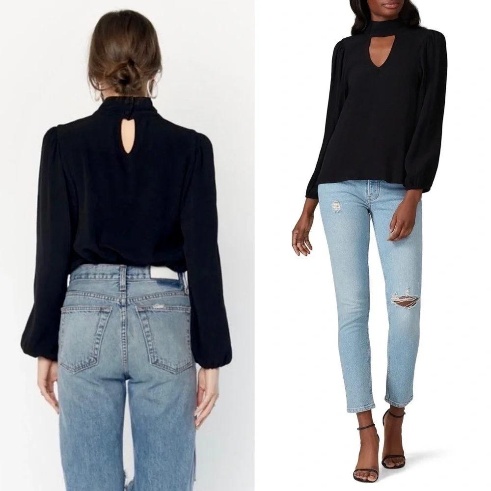 FLYNN SKYE 70s High Neck Front &‎ Back Cutout Long Puffed Sleeve Crepe Blouse M